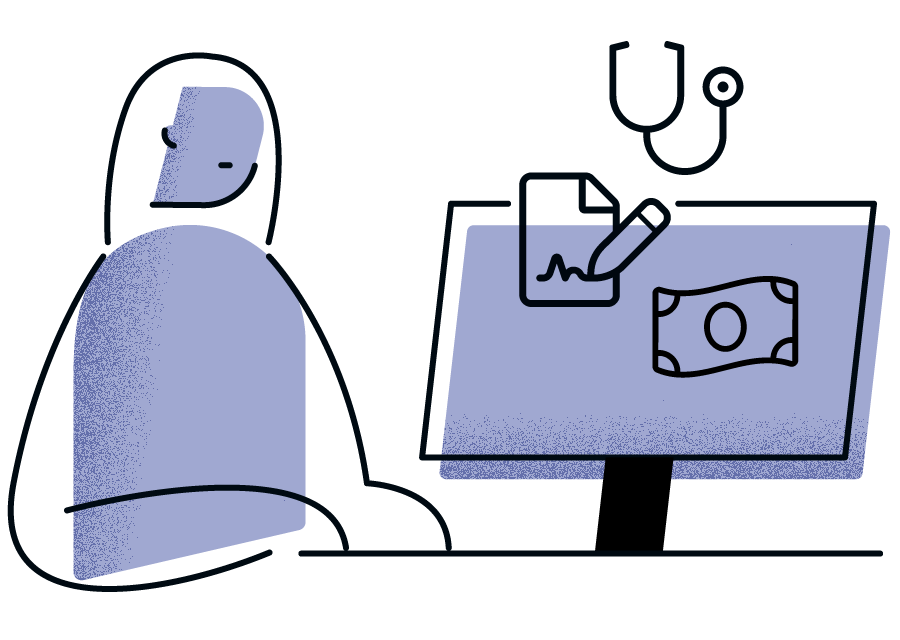 Woman sitting at a computer. Icons of money, a stethoscope and a document are on the screen.