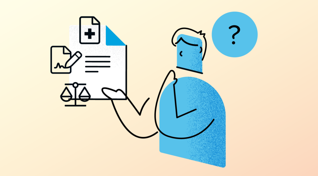 A person wondering if they have an advance directive or a living will. A larger document is above their hand with an icon of a question mark nearby.