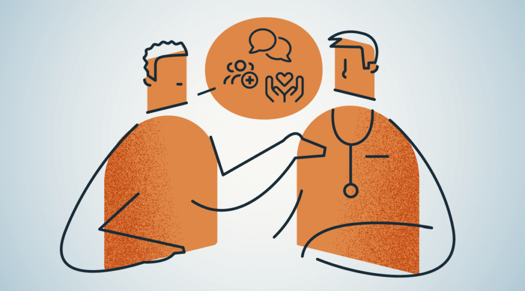 A man is talking to a doctor. The speech balloon coming from the man has icons of hands holding a heart, a group of people with a medical icon in front of them, and two speech balloons overlapping. The man and doctor are orange, portraying a sense of urgency.
