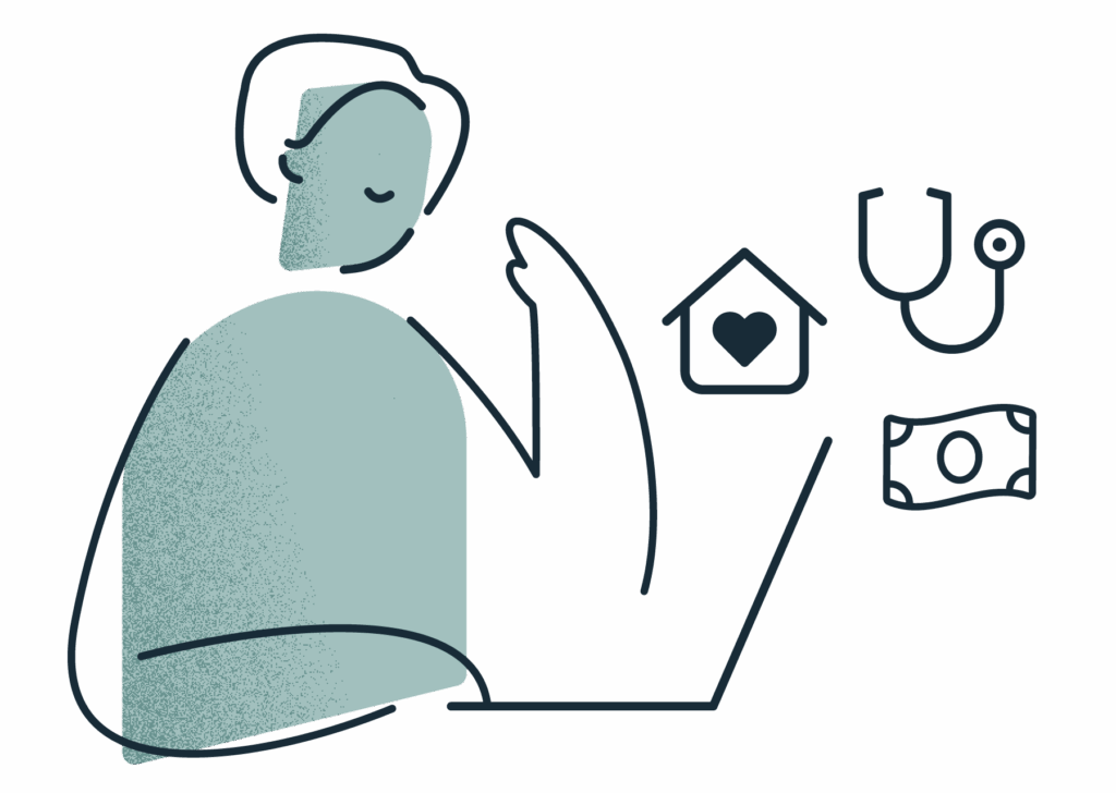 A person researching in-home care on a laptop. There are icons of a stethoscope, a house with a heart, and a dollar bill around the laptop.