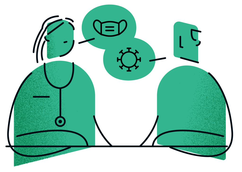 Doctor talking to a patient about masks. The patient is asking about covid.