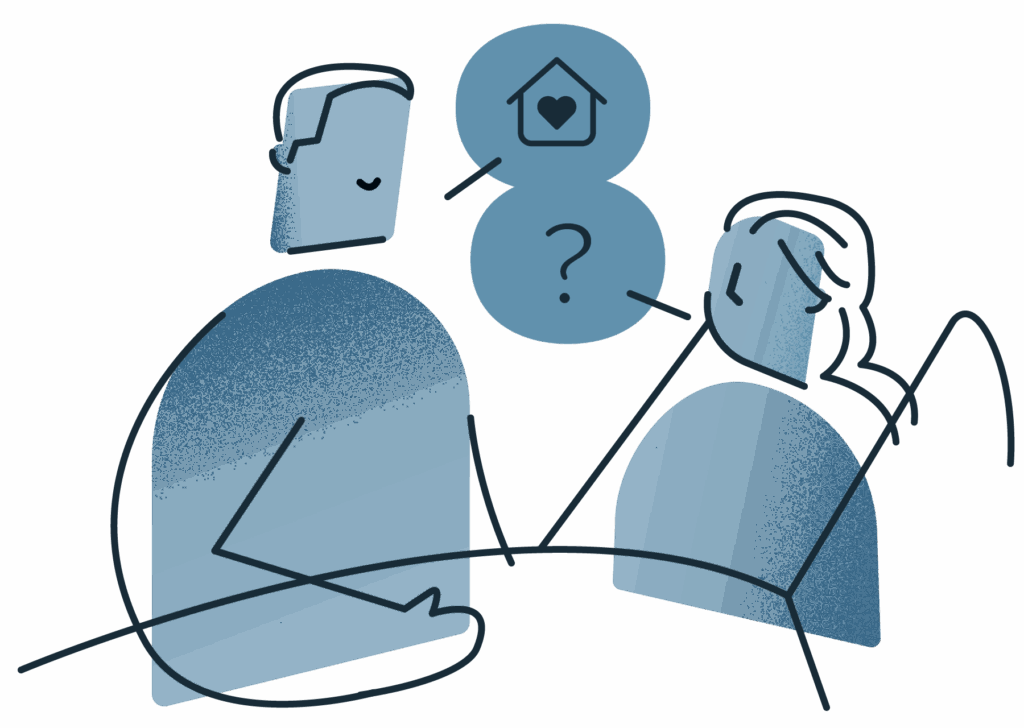 Two people discuss in-home care. The person standing is talking about the home while the person in bed has questions.