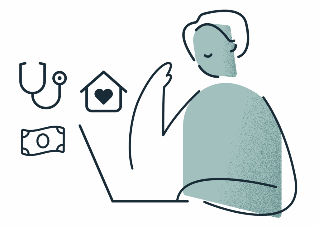 A person researching in-home care on a laptop. There are icons of a stethoscope, a house with a heart, and a dollar bill around the laptop.