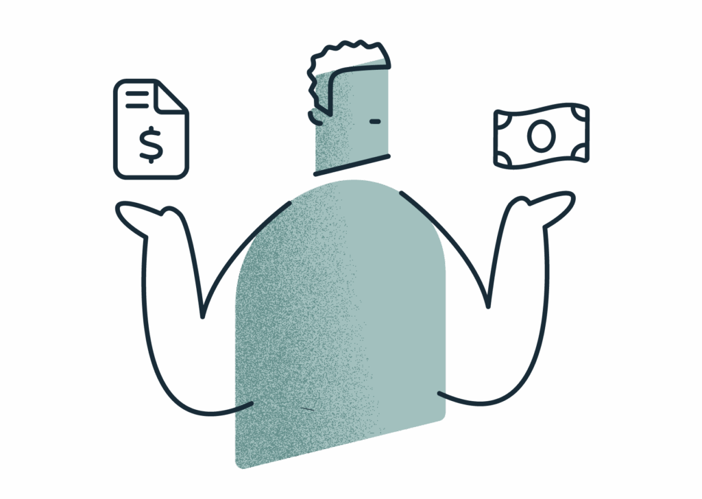 A person is debating between using aid to pay for in-home care or paying out of pocket. Their arms are raised. Over one hand is an icon of an invoice, over another hand is an icon of a dollar bill.