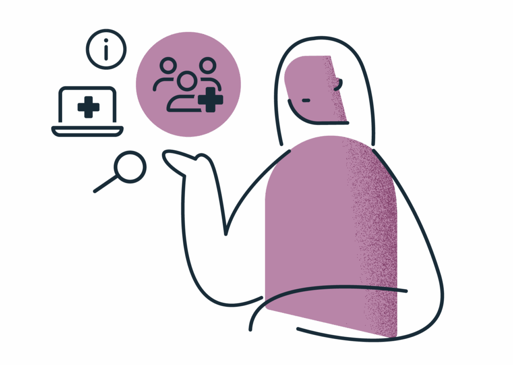 A person is considering an in-home care support team. Icons of a laptop, an information icon, and a magnifying glass are around their hand.