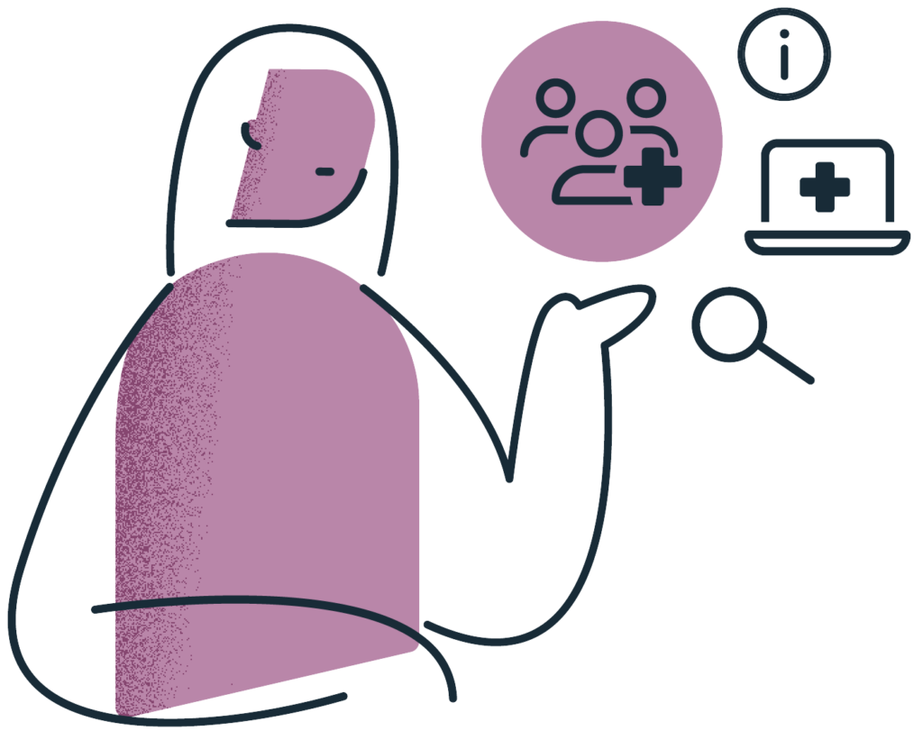 A person is considering an in-home care support team. Icons of a laptop, an information icon, and a magnifying glass are around their hand.