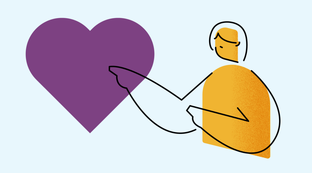 Una ilustración de una persona con el pelo hasta la barbilla apuntando a un gran corazón púrpura.