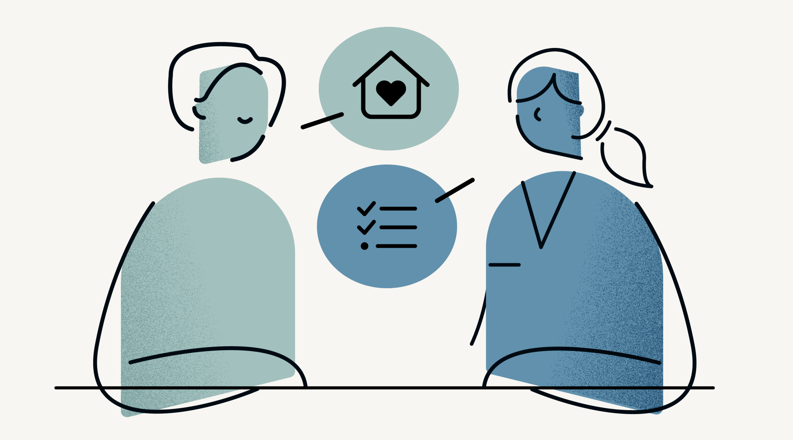 A carer and a person are discussing in-home care. The person has a speech balloon with a house and a heart icon. The carer has a speech balloon with a check list icon.