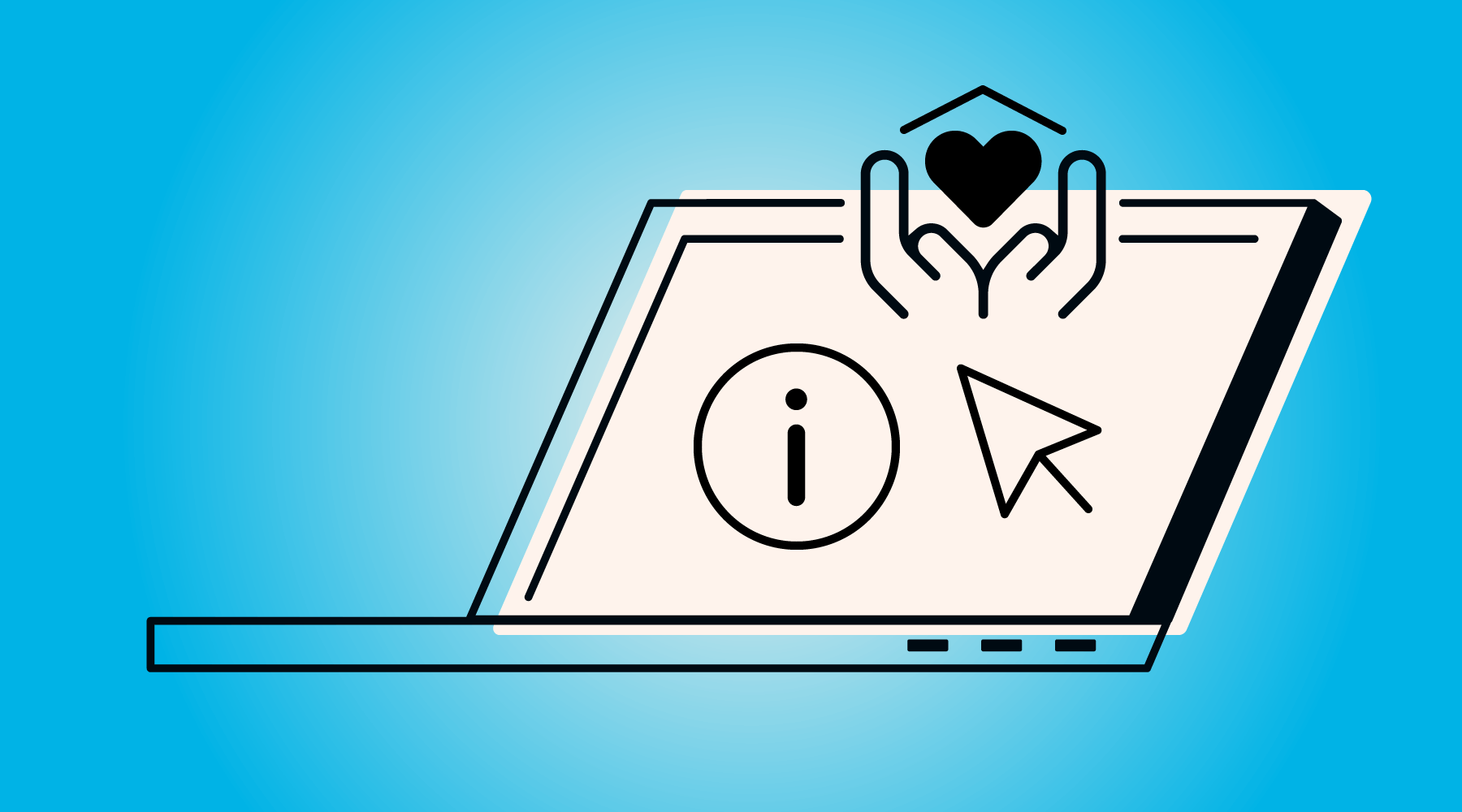 Una computadora portátil que muestra tres íconos: Unas manos que sostienen un corazón que tiene un tejado encima, una flecha de cursor y un ícono de información.