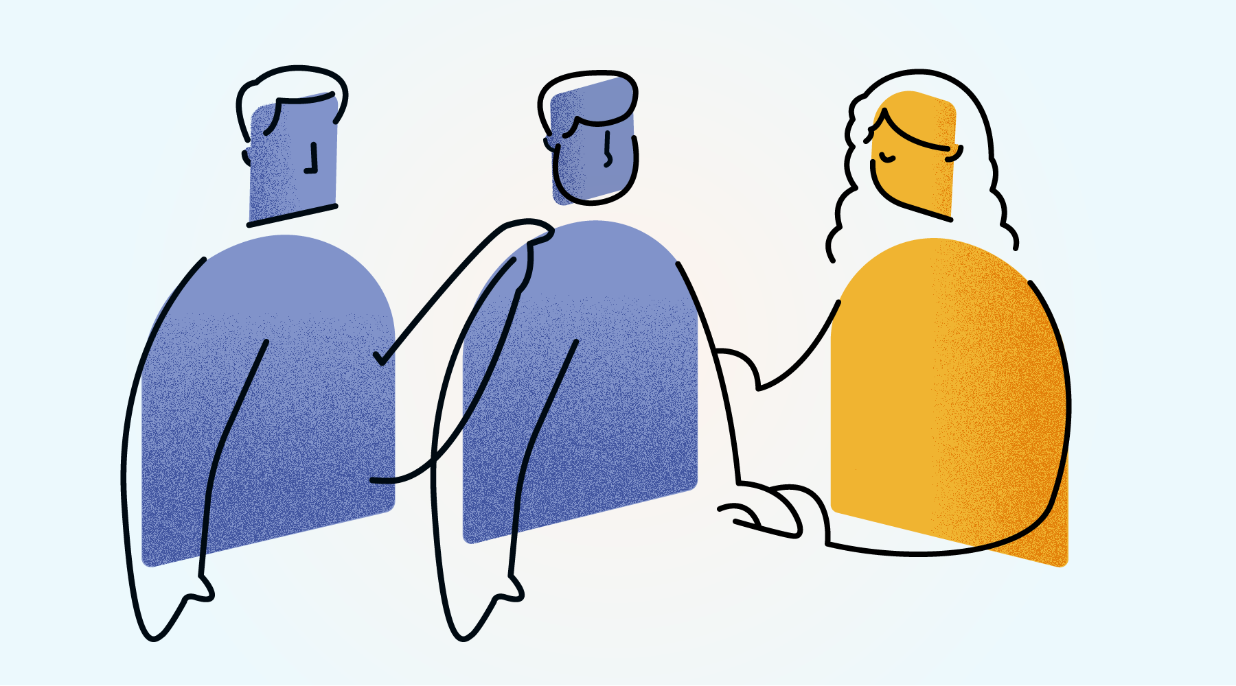A man is talking with a woman. She has her arm on his shoulder and they are holding hands. Behind him, another man has their hand on his right shoulder.