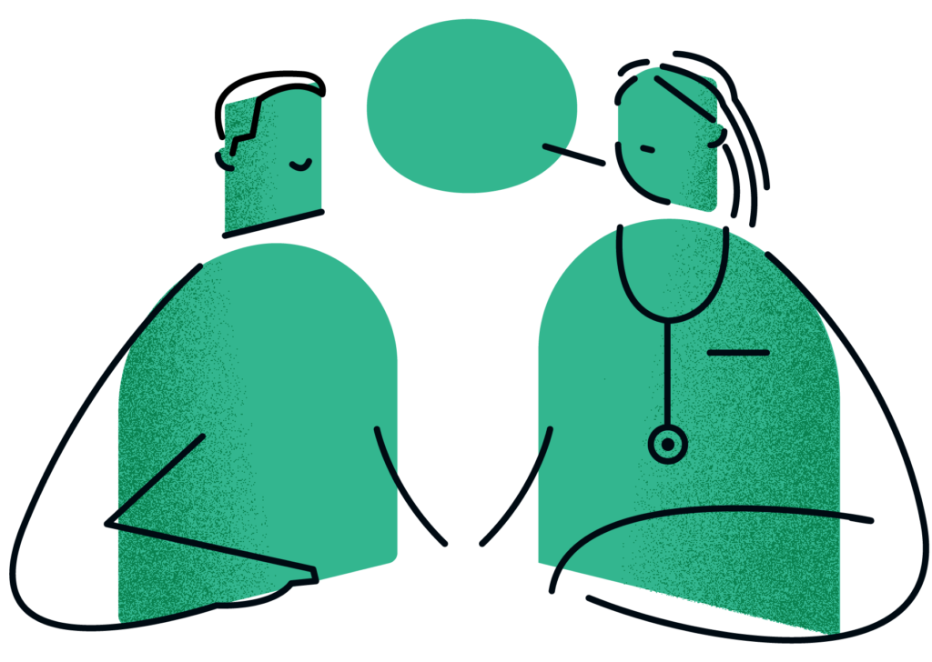 A person consult with a doctor. The doctor is wearing a stethescope around their neck.